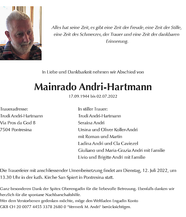 Avis de décès de Mainrado Andri-Hartmann, Pontresina