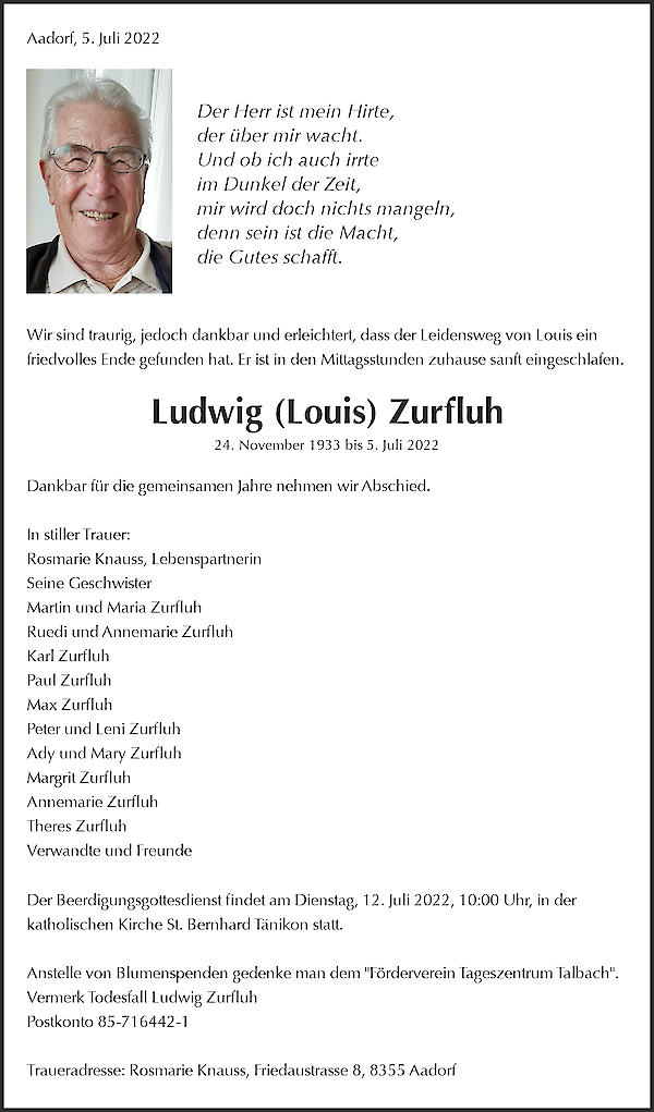 Avis de décès de Ludwig (Louis) Zurfluh, Aadorf