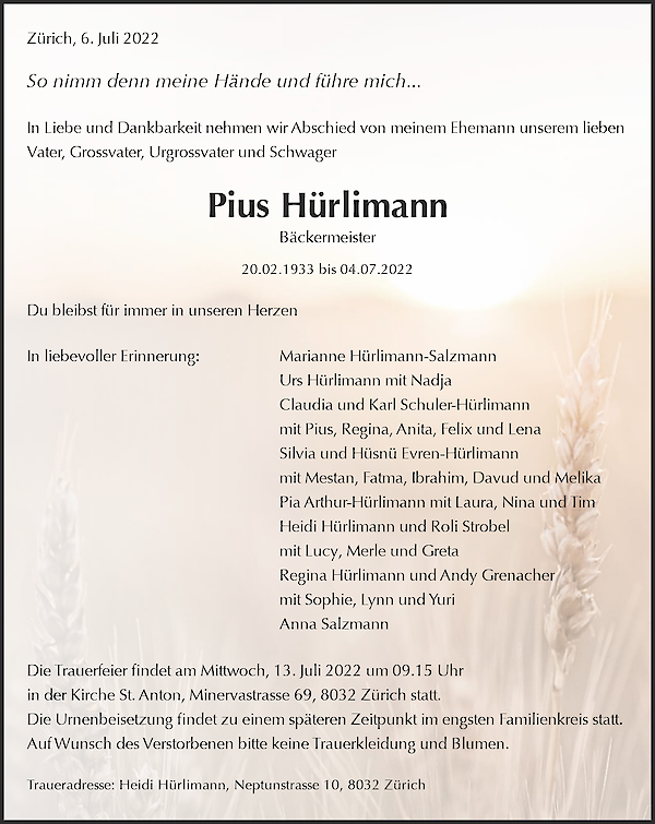 Obituary Pius Hürlimann, Zürich