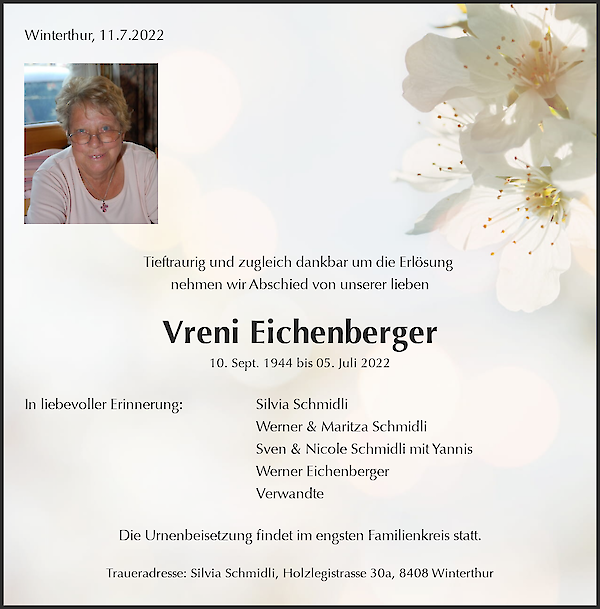 Avis de décès de Vreni Eichenberger, Winterthur