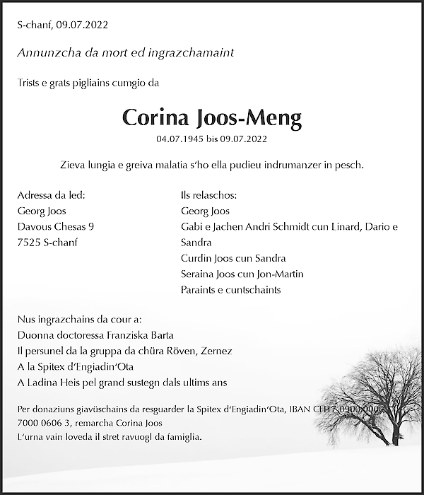 Avis de décès de Corina Joos-Meng, S-chanf