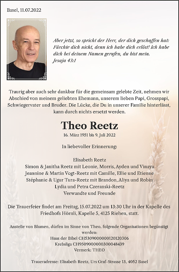 Avis de décès de Theo Reetz, Basel