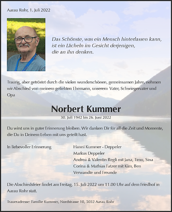 Todesanzeige von Norbert Kummer, Aarau Rohr