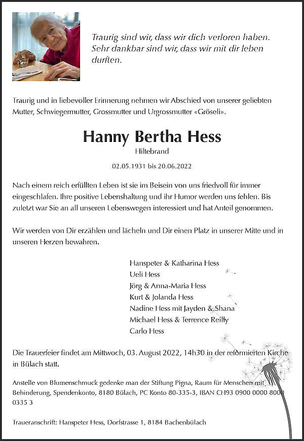 Avis de décès de Hanny Bertha Hess, Bassersdorf