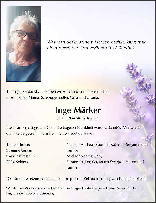Avis de décès de Inge Märker, Schiers