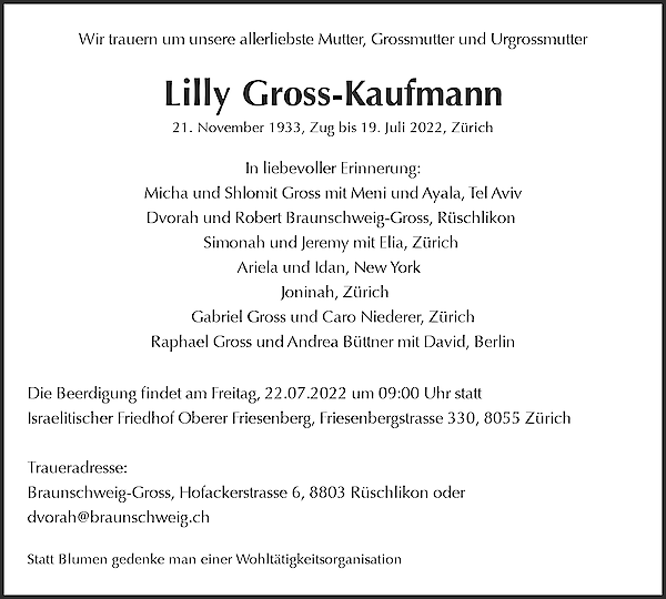 Todesanzeige von Lilly Gross-Kaufmann, Zürich