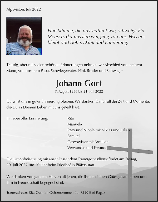 Obituary Johann Gort, Bad Ragaz