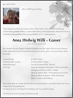 Avis de décès Anna Hedwig Willi - Gasser, Igis