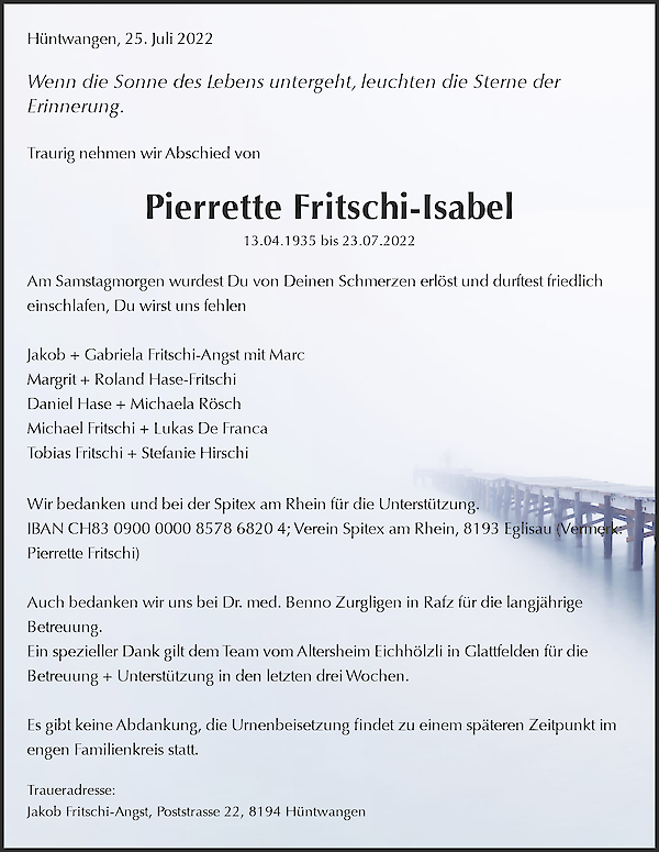 Obituary Pierrette Fritschi-Isabel, Wil