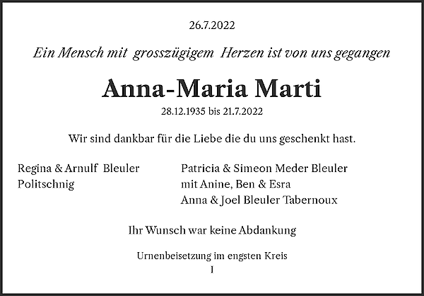 Avis de décès de Anna-Maria Marti, Basel