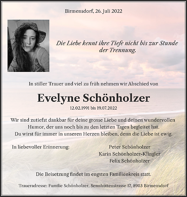 Todesanzeige von Evelyne Schönholzer, Urdorf