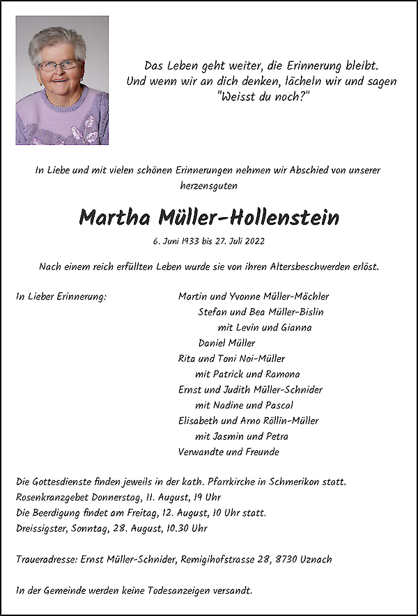 Necrologio Martha Müller-Hollenstein, Schmerikon