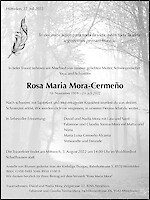 Todesanzeige Rosa Maria Mora-Cermeño, Hüttwilen