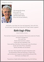 Avis de décès Ruth Vogt-Plüss, Zofingen