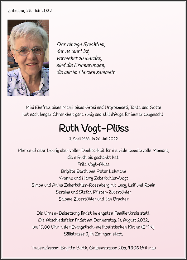 Avis de décès de Ruth Vogt-Plüss, Zofingen