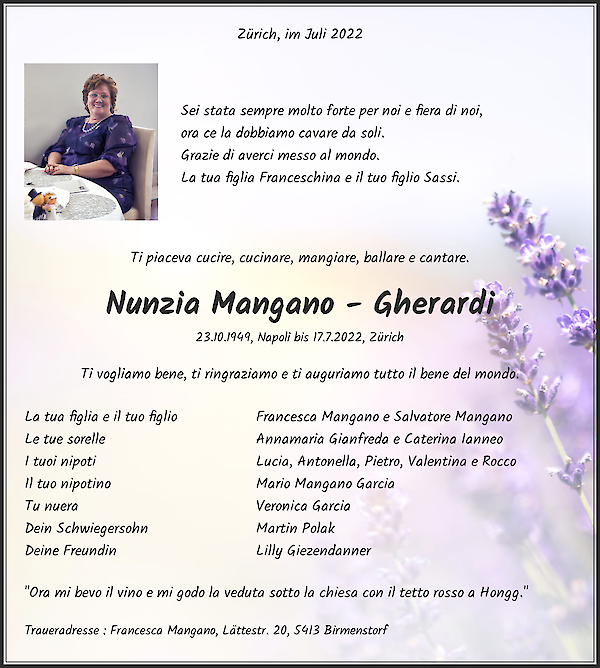 Obituary Nunzia Mangano - Gherardi, Zürich