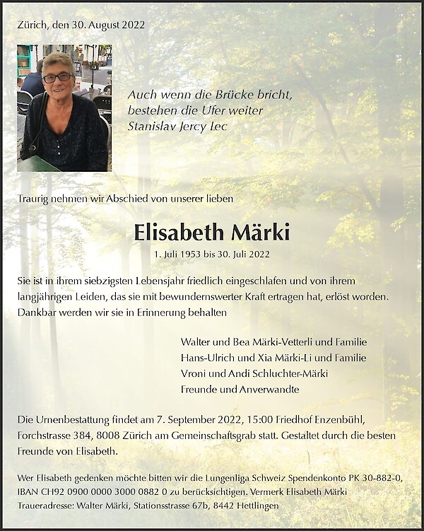 Avis de décès de Elisabeth Märki, Zürich