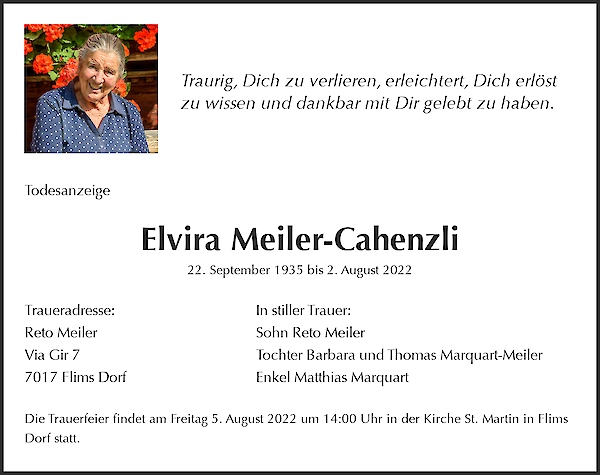 Obituary Elvira Meiler-Cahenzli, Flims Dorf