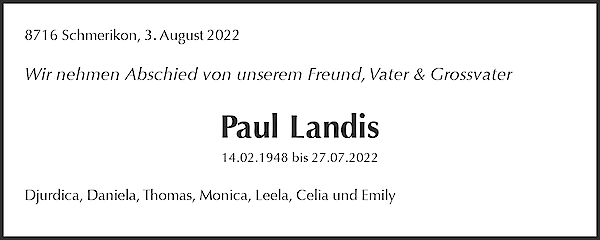 Obituary Paul Landis, Schmerikon