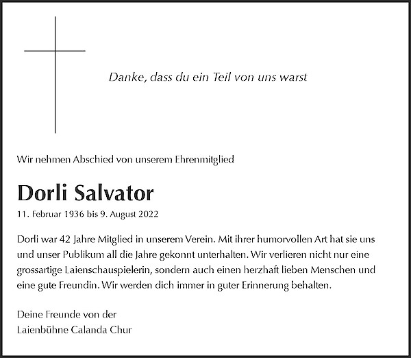 Todesanzeige von Dorli Salvator, Chur