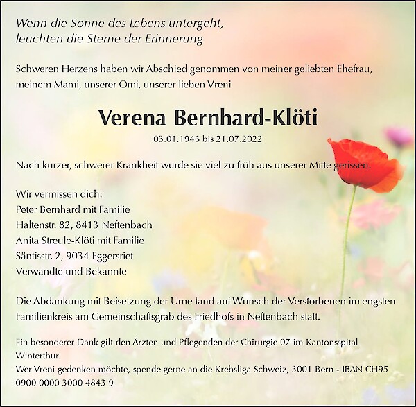 Avis de décès de Verena Bernhard-Klöti, Neftenbach