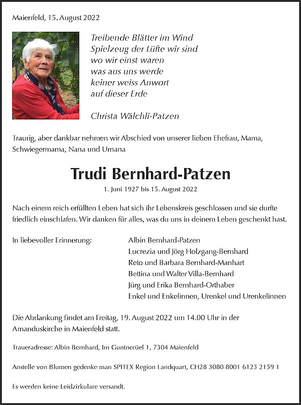 Todesanzeige von Trudi Bernhard-Patzen, Maienfeld