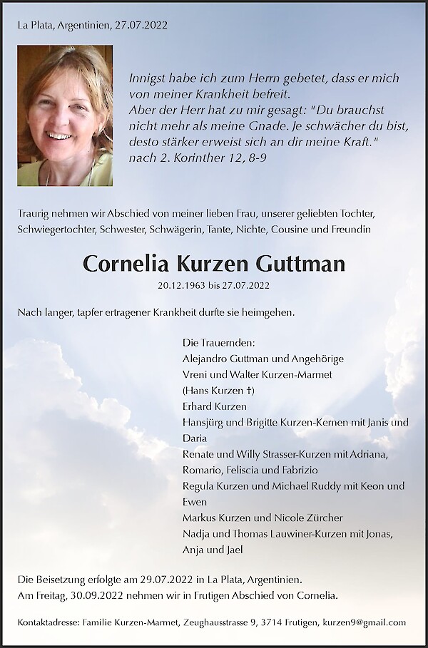 Avis de décès de Cornelia Kurzen Guttman, Frutigen