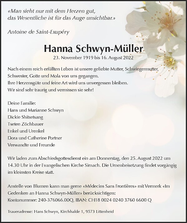 Avis de décès de Hanna Schwyn-Müller, Littenheid