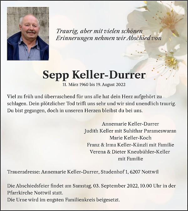 Todesanzeige von Sepp Keller-Durrer, Nottwil