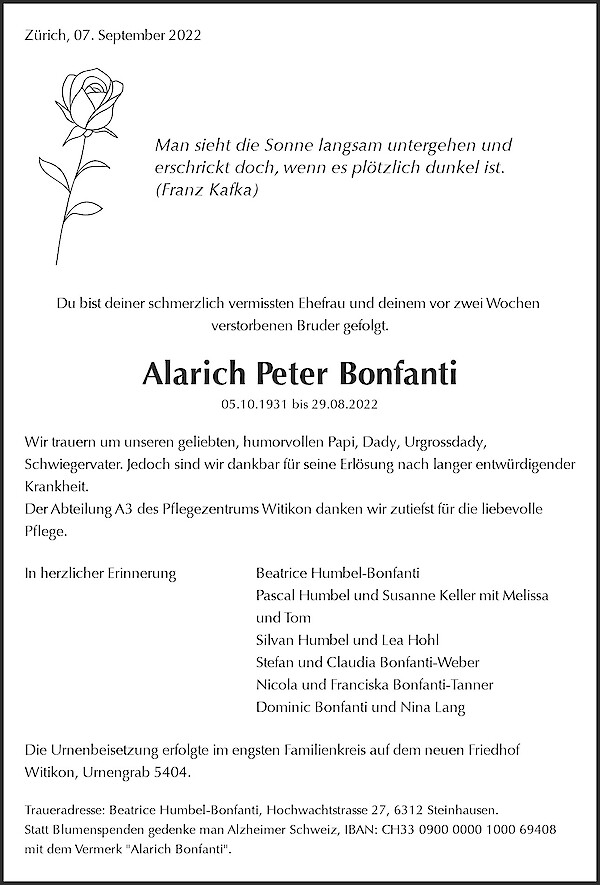 Todesanzeige von Alarich Peter Bonfanti, Zürich