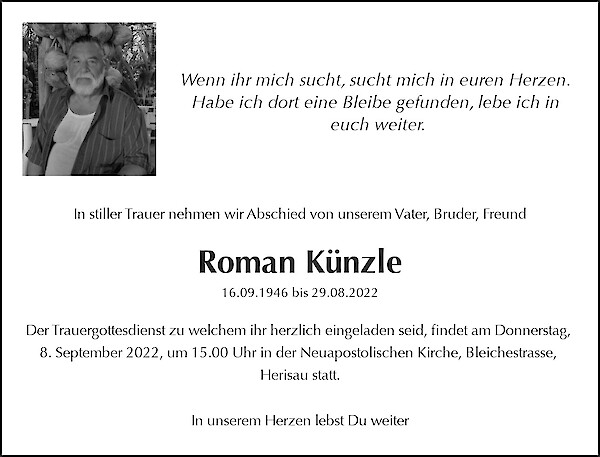 Todesanzeige von Roman Künzle, Herisau