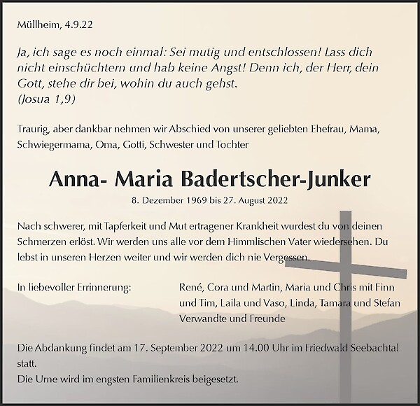 Avis de décès de Anna- Maria Badertscher-Junker, Homburg