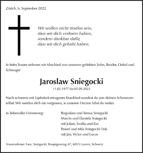 Todesanzeige von Jaroslaw Sniegocki, Zurich