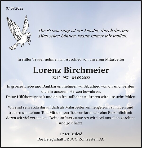 Avis de décès de Lorenz Birchmeier, Döttingen