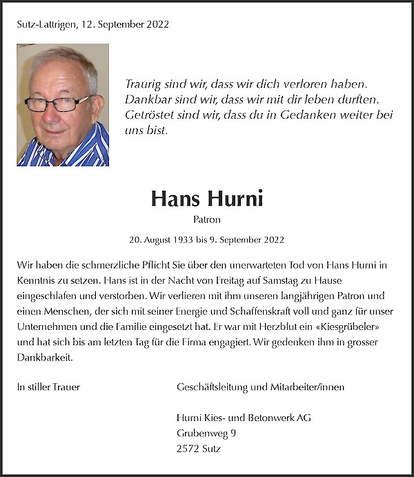 Todesanzeige von Hans Hurni, Sutz
