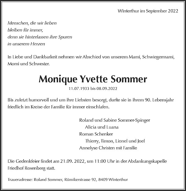 Avis de décès de Monique Yvette Sommer, Winterthur