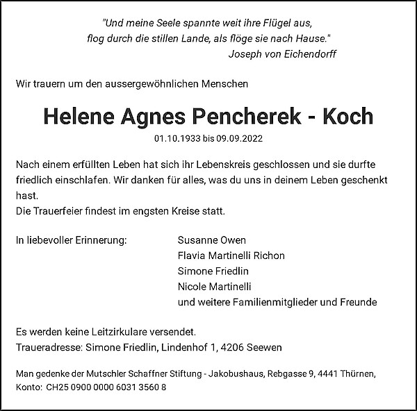 Avis de décès de Helene Agnes Pencherek - Koch, Rheinfelden
