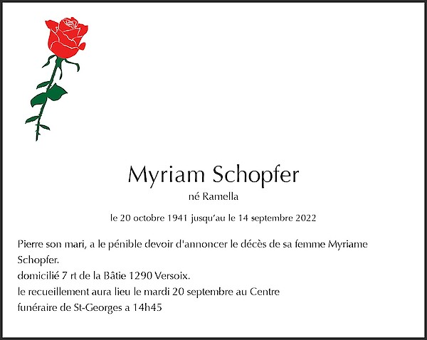 Avis de décès de Myriam Schopfer, Versoix