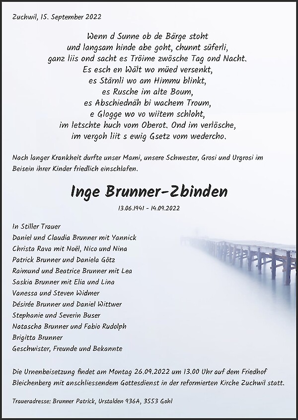 Avis de décès de Inge Brunner-Zbinden, Zuchwil