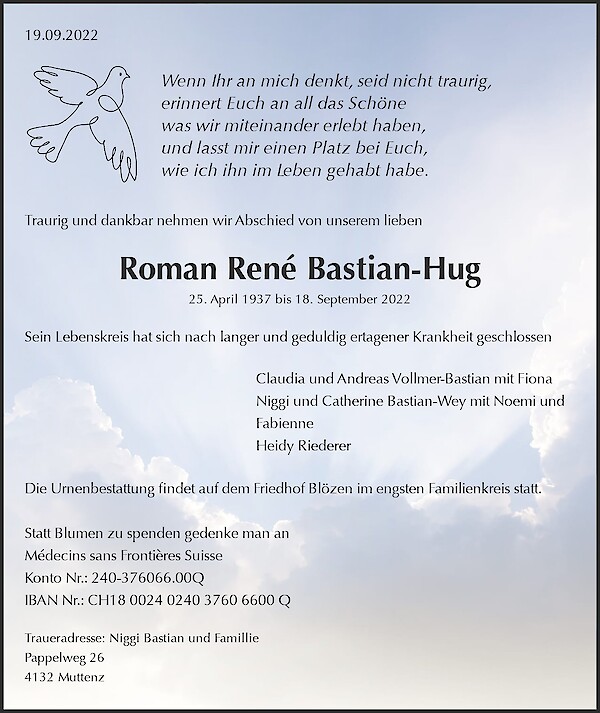 Avis de décès de Roman René Bastian-Hug, Pratteln