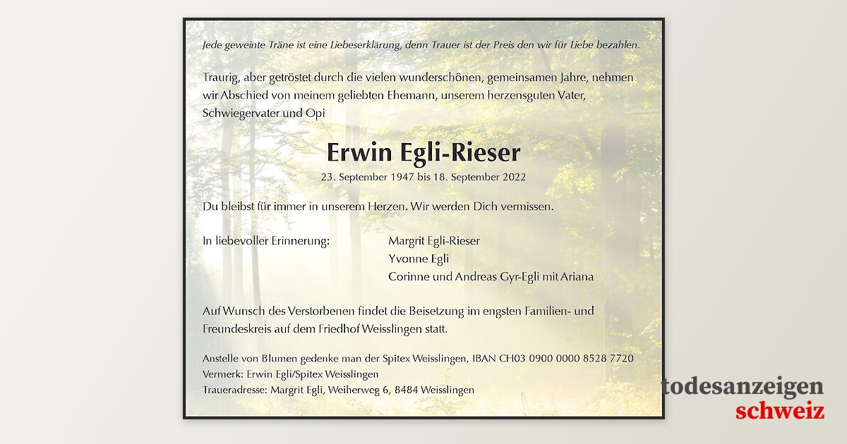 Todesanzeige Erwin Egli-Rieser, Weisslingen
