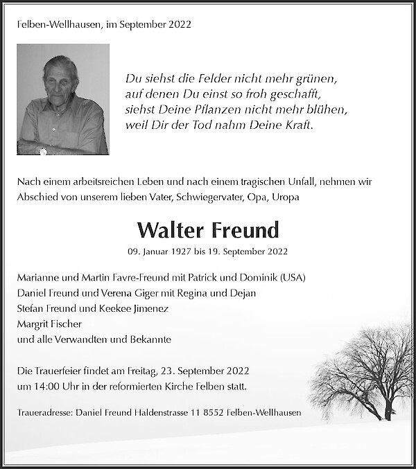 Avis de décès de Walter Freund, Felben-Wellhausen