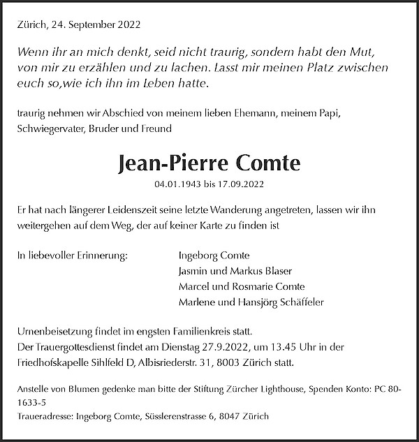 Avis de décès de Jean-Pierre Comte, Zürich
