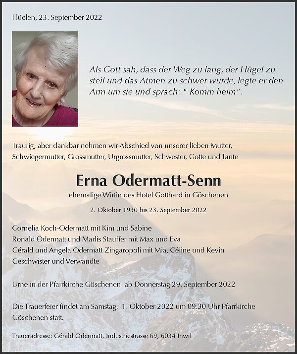 Avis de décès de Erna Odermatt-Senn, Flüelen
