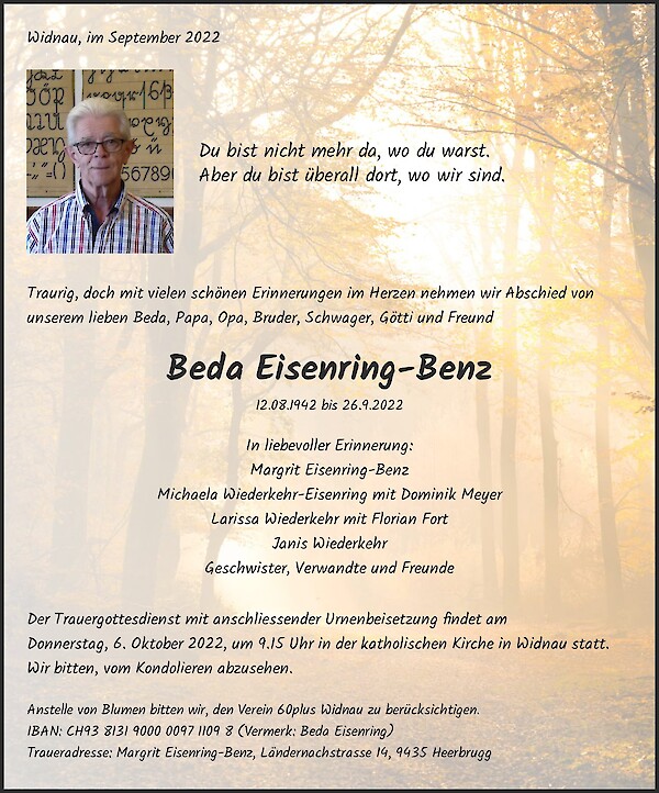 Necrologio Beda Eisenring-Benz, Widnau