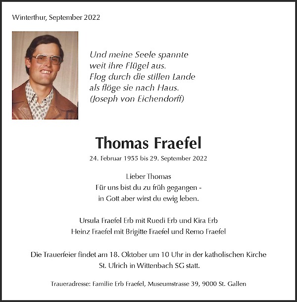 Todesanzeige von Thomas Fraefel, Winterthur