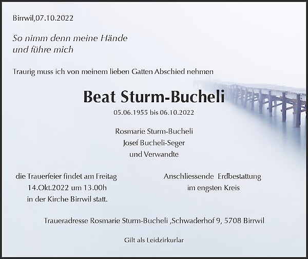 Avis de décès de Beat Sturm-Bucheli, Birrwil