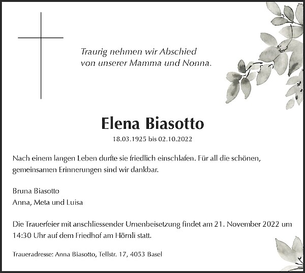 Todesanzeige von Elena Biasotto, Basel