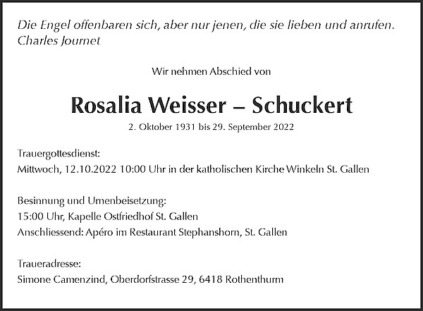 Necrologio Rosalia Weisser – Schuckert, St. Gallen