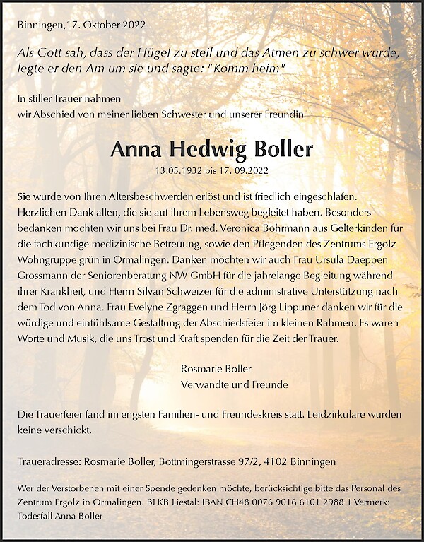 Avis de décès de Anna Hedwig Boller, Binningen